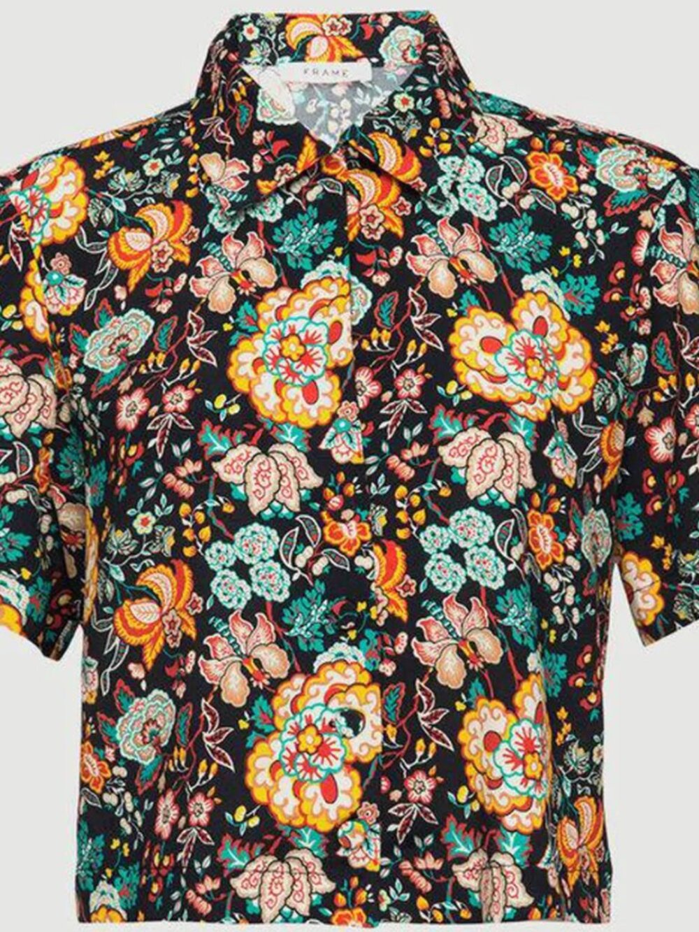 Frame Floral on Black Cropped Camp Shirt S